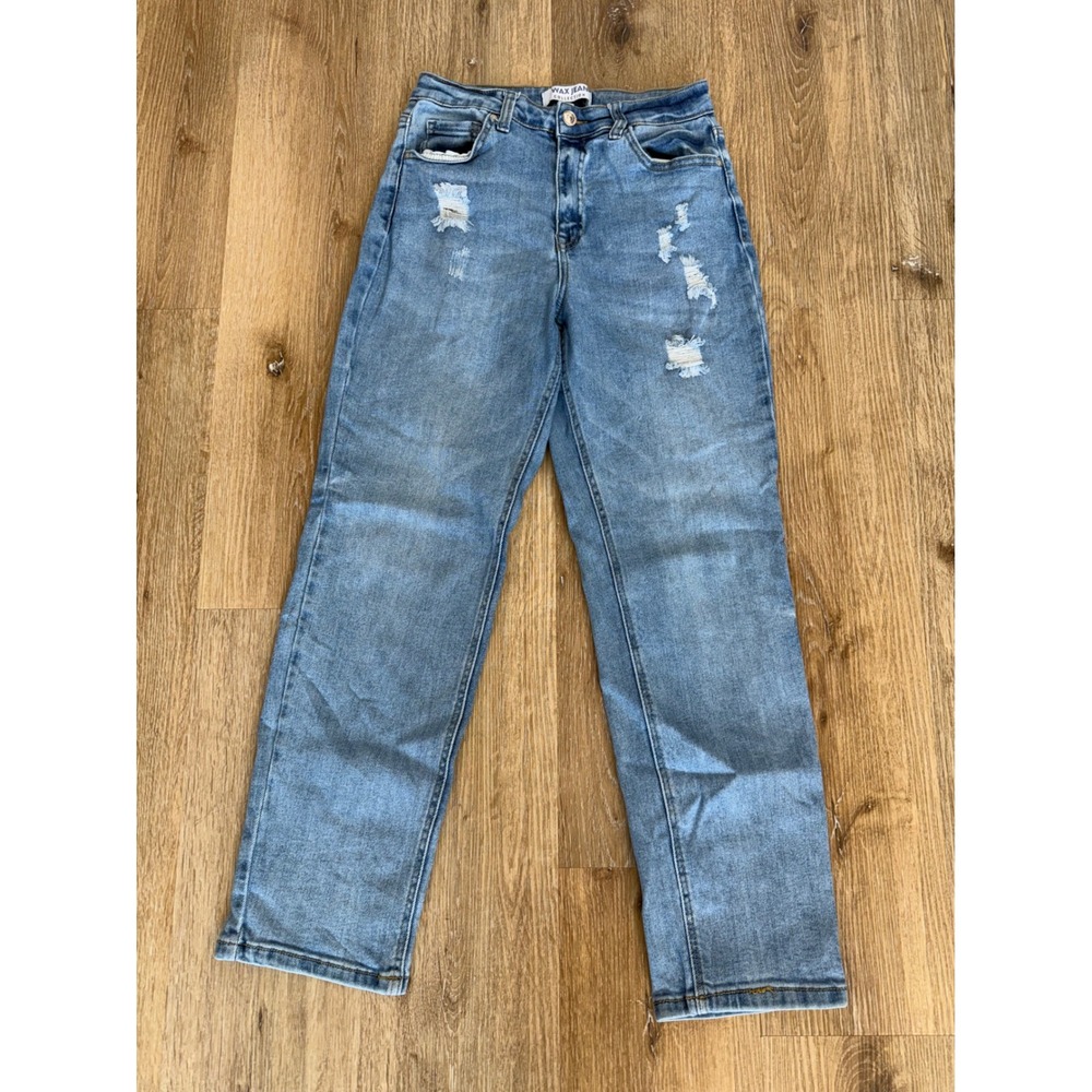 Wax Jean Y2K Distressed Straight Leg Jeans Women 7/28 Light Blue High Rise Denim